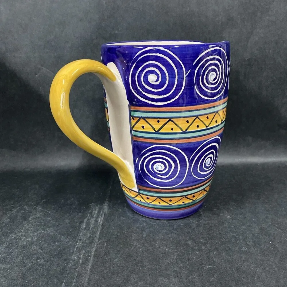 Pier 1 Italian Swirl Ceramic‎ Juice Water Pitcher 7.5” Blue Yellow Hand Painted